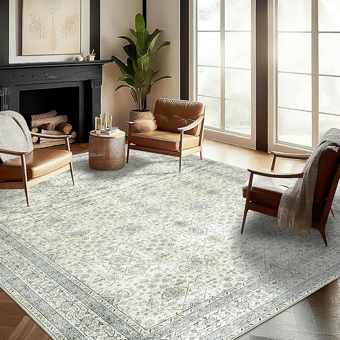 ReaLife Rugs Machine Washable Area Rug Runner - Living Room Bedroom Bathroom Kitchen Entryway Office - Padded Low Pile Stain Resistant Premium - Boho Farmhouse Vintage - BEV - Green 3' x 5'