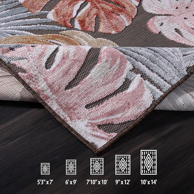 CAMILSON Indoor Outdoor Rug, Brown 6’x9’ Leaf Tropical Botanical Area Rugs for Indoor and Outdoor patios, Easy-Cleaning Non-Shedding Living Room, Garden and Kitchen Washable Outside Carpet (6x9)
