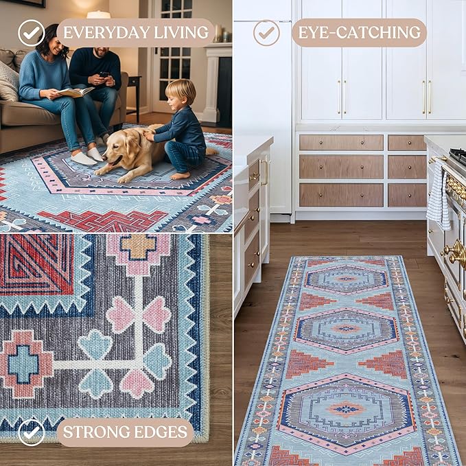 Fame Living Washable Area Rug. Modern Farmhouse. Vintage. Turkish. Bohemian. Distressed. Oriental. Traditional. Rugs for Living Room. Dining. Bedroom. Office. Entryway. Foyer. (856BlM, 2'5" x 4'9")