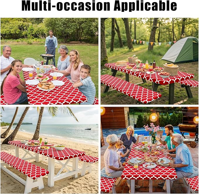 Smiry Picnic Table Cover with Bench Covers, Waterproof Elastic Fitted Tablecloth for 6 Foot Tables, Washable Polyester Tablecloths for Camping, Indoor & Outdoor (Red, 30x72 Inch 3-pc Set)