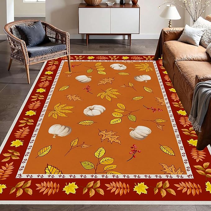 Fallen Leaves Carpet for Kitchen, 4x5ft, Autumn Pumpkins with Leave Orange Area Rug, Indoor Ultra-Thin Foldable Machine Washable Fun Pumpkin Bath Mat for Home Office Relax Room
