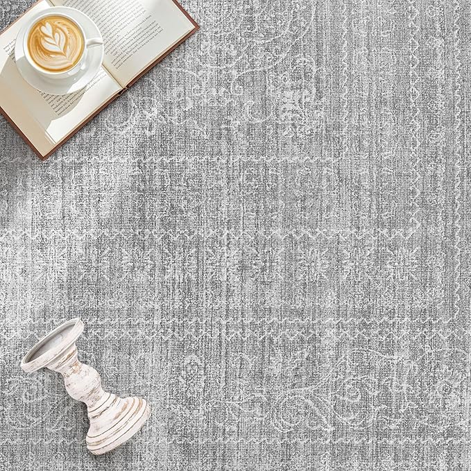 7x9 Area Rug Living Room: Washable Large Vintage Grey Rug Neutral Non-Slip Soft Stain Resistant Indoor Carpet for Bedroom Nursery Dining Room Under Table Bed Home House Office Playroom