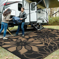 GENIMO Outdoor Rug Waterproof for Patio Decor, 10' x 20' Reversible Plastic Straw Floral Camping Carpet, Large Area Rugs Mats for RV, Camper, Deck, Balcony, Porch, Beach, Picnic, Black & Brown