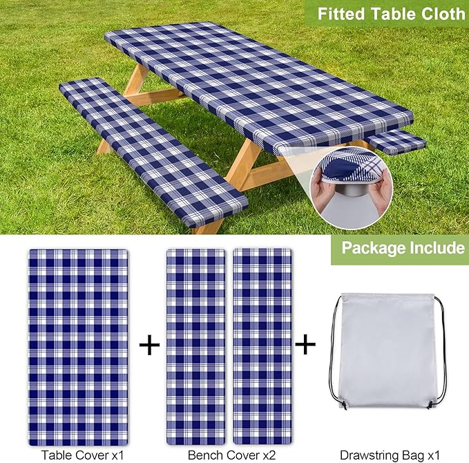 Picnic Table Cover with Bench Covers Camping Essentials Waterproof Windproof Camping Tablecloth with Drawstring Bag, Fitted Rectangle Tables and Seats, 72in, Blue Checkered