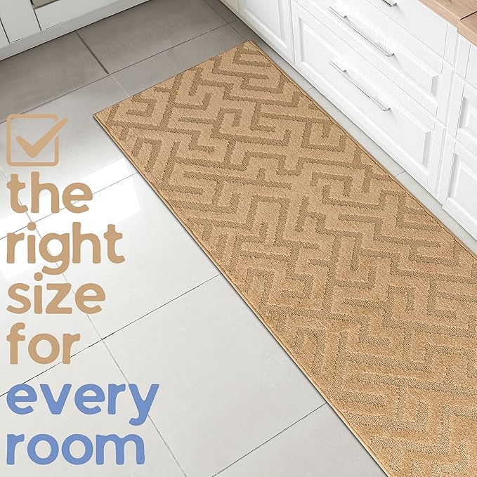 8ft Custom Cut Runner Rug for Narrow Hallways Kitchens - Gold Tan | Non-Slip | Washable & Edge Bound