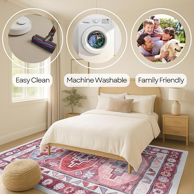 Fame Rugs Turkish Rug. Washable Vintage Oriental Antique Inspired Traditional Doormat Small Modern Area Rugs Luxury Entryway Entry Bedroom Bathroom Kitchen (378RR, 4'9 x 6'9)