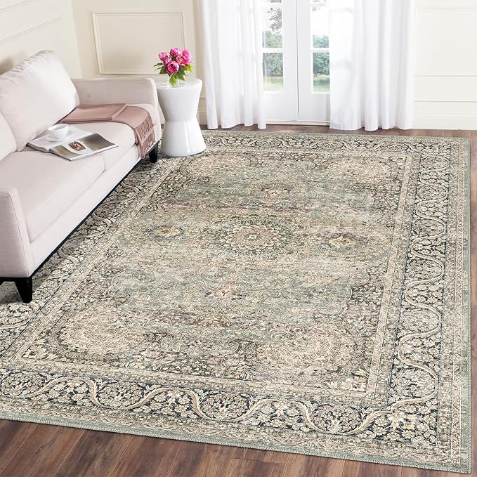 5X7 Area Rugs for Living Room - Large Washable Rugs 5x7 Vintage Rug Throw Low Pile Rug Non-Slip Distressed Carpet for Bedroom, Office, Kitchen,Entryway, Dining Room, Olive Charcoal