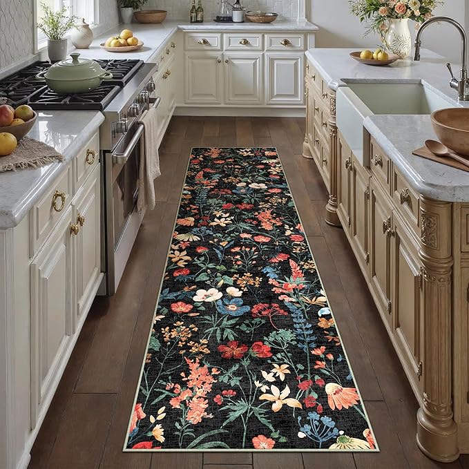 Floral Runner Rug 2x10 Washable Hallway Long Black Bedroom Carpet Non Slip Indoor Boho Kitchen Low Pile Accent Rug Lightweight Soft for Bathroom Dining Laundry Living Room