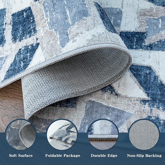 Modern Abstract Blue 5X7 Area Rug for Living Room Bedroom Washable, with Non-Slip Rubber Backing Print Faux Wool Thin, Throw Large Carpet for Kids Playroom Dining Room Pet & Child Friendly