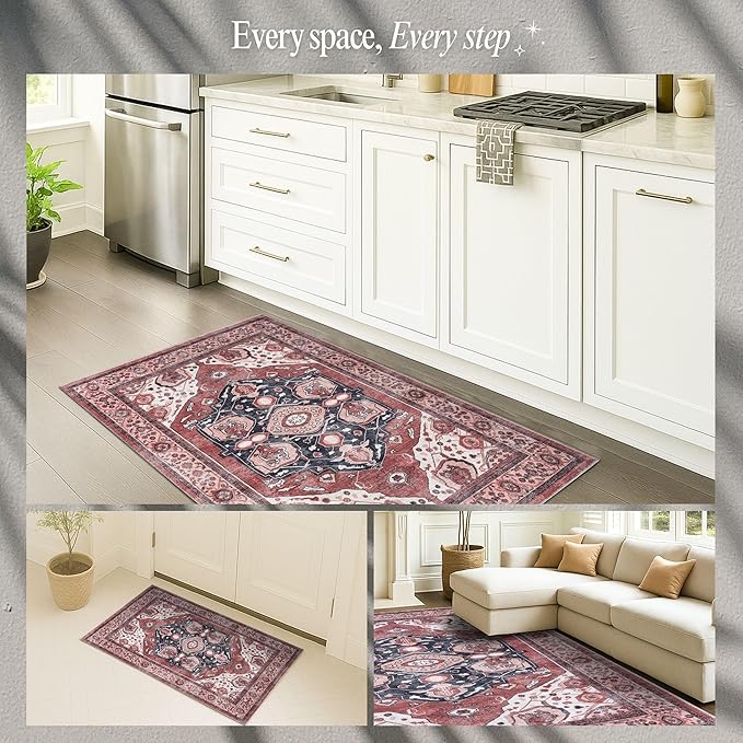 Fame Rugs Turkish Rug. Washable Vintage Oriental Antique Inspired Traditional Doormat Small Modern Area Rugs Luxury Entryway Entry Bedroom Bathroom Kitchen (404RR, 2' x 3')