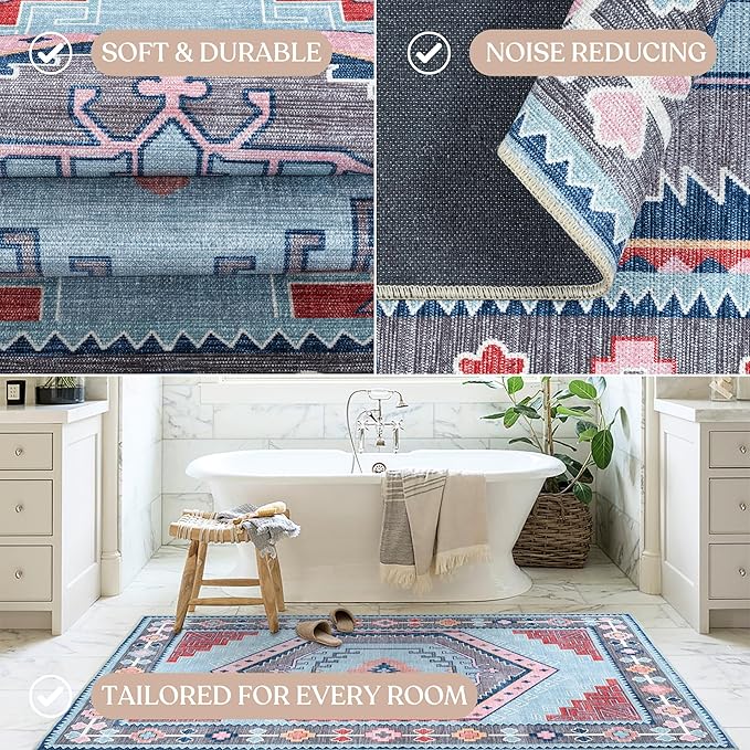 Fame Living Washable Area Rug. Modern Farmhouse. Vintage. Turkish. Bohemian. Distressed. Oriental. Traditional. Rugs for Living Room. Dining. Bedroom. Office. Entryway. Foyer. (856BlM, 2'5" x 9'8")