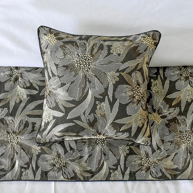 The HomeCentric King/Queen/Twin Grey Decorative Bed Runner Queen 74"x18" Bed Runner with One Pillow Cover, Embroidery, Floral, Pearl Bed Scarf on Jacquard Fabric - Liana