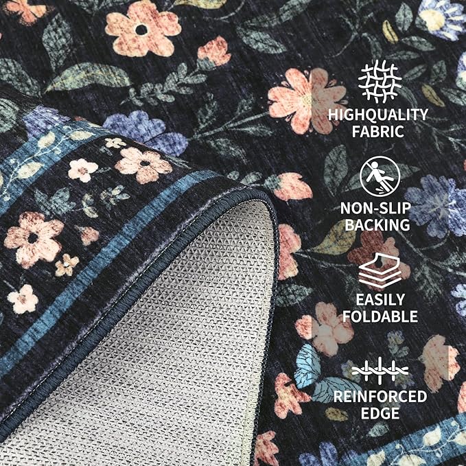 5x7 Washable Non-Slip Rug, Vintage Floral Area Rug for Living Room, Low Pile Farmhouse Distressed Carpet for Nursery Playroom Dorm Teens Office, Dark Grey Blue