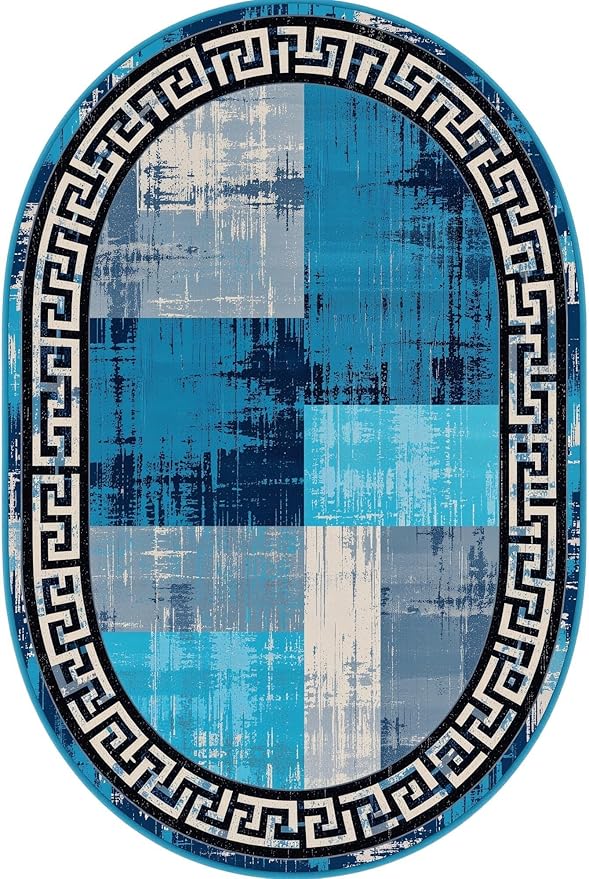Blue Grey Black Greek Key Pattern Bordered Design Large Carpet for Living Room Bedroom Dining Room Soft Non Slip Low Pile Area Rug 8x10 Farmhouse Doormats Vintage Distressed Home Office Oval Rugs