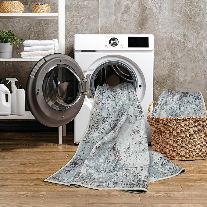 GLN Rugs Contemporary Collection - Machine Washable Area Rug, Contemporary Washable, Non Slip, Low Pile Chenille Rug, Living Room, Bedroom, Kitchen Rug (9' x 12' White/Grey/Blue/Brown)