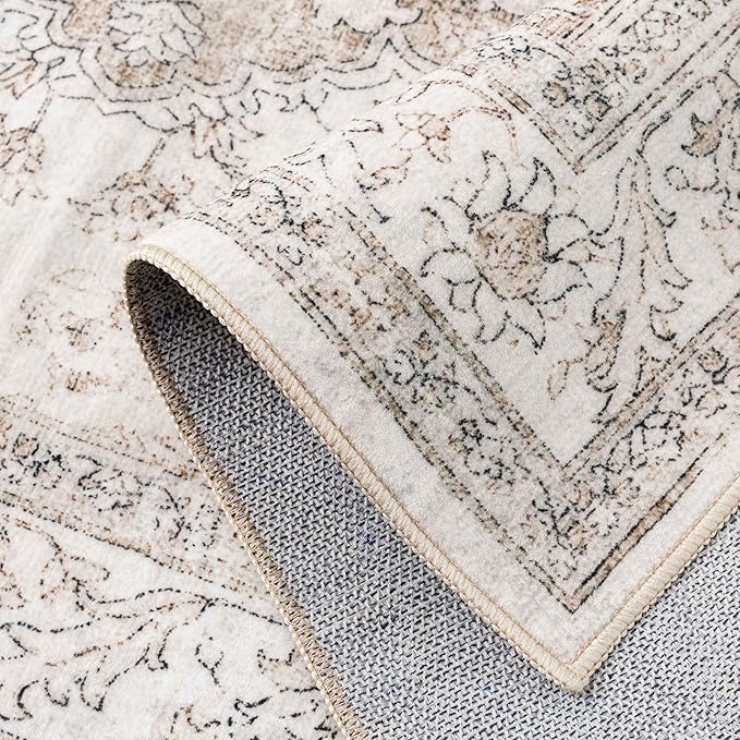 Beige Area Rug 6x9 Washable Vintage Carpet for Living Room Bedroom Large Soft Retro Low Pile Thin Indoor Rug Non Slip Oriental Medallion Floor Cover for Dining Room Office