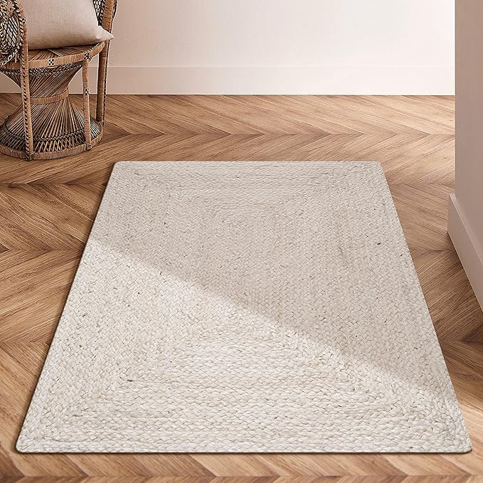 Hausattire Hand Woven Jute Braided Rug, 2'x3' – Off White, Reversible Boho Entry Area Rugs for Kitchen, Living Room I Farmhouse Indoor Outdoor Decorative Floor Rug, 24x36 Inch