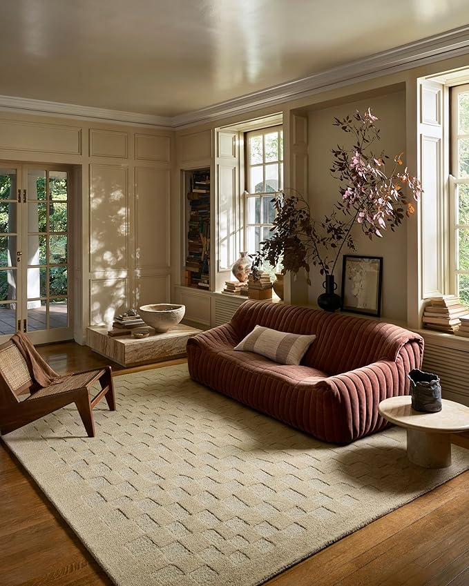 Loloi Leanne Ford Craven Collection CVN-04 Oatmeal/Dove 9'-3" x 13' Area Rug Checkered, Patterned, Neutral, Living Room, Bedroom, Dining Room