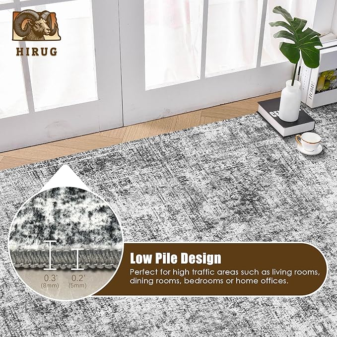 Washable Area Rug 5' x 7' Vintage Traditional Persian Mat - Foldable Distressed Non-Slip Machine Washable Carpet for Living Room Bedroom Kitchen Home Decor - Graphite and Mist