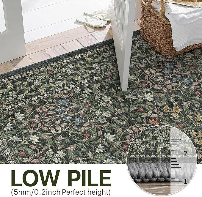 Bavni Boho Floral Kitchen Runner Rug 2x6, Washable Non Slip Thin Carpet for Hallway Bathroom Laundry Room, Ultra Soft Botanical Runner for Entryway, Modern Indoor Floor Decor, Emerald Green