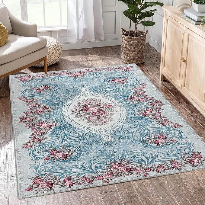 Easy-Going Area Rug 4x6 Washable Floral Rugs for Living Room Non-Slip Bedroom Rug Low Pile Lightweight Retro Flowers Throw Rug for Dining Room Kitchen Home Office Carpet, Teal Red