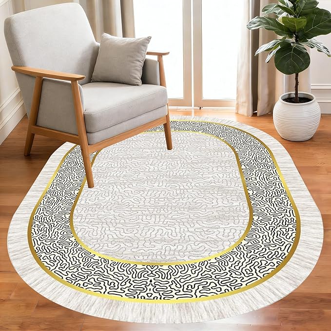 Off White Black Gold Indoor Rugs Modern Minimalist Abstract Geometric Pattern Home Office Area Rug 3x5 for Livingroom Bedroom Dining Room Soft Durable Non Skid Carpet Under Table Bordered Floor Mat