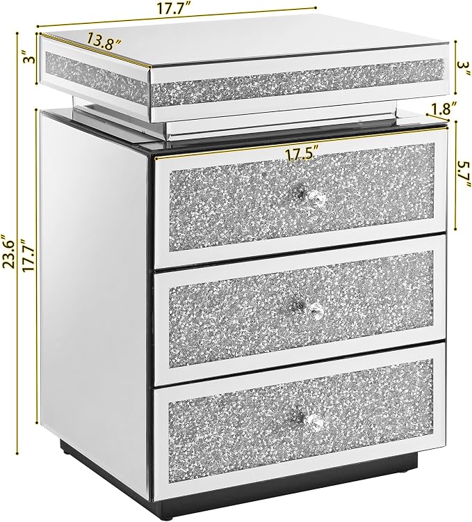 Mirrored Nightstand with 3 Drawers, Mirror End Table, Modern Bedside Table