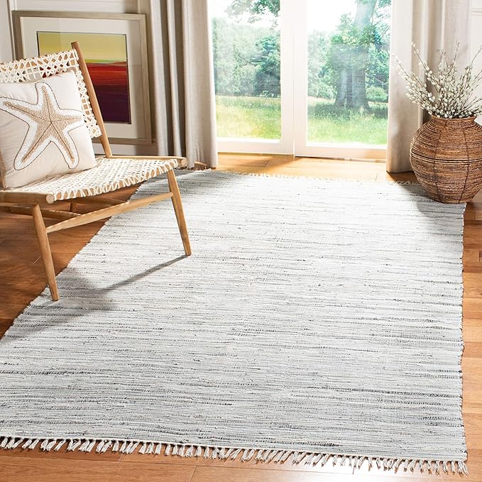 SAFAVIEH Rag Rug Collection Area Rug - 5' x 8', Grey, Handmade Boho Stripe Cotton, Ideal for High Traffic Areas in Living Room, Bedroom (RAR121A)