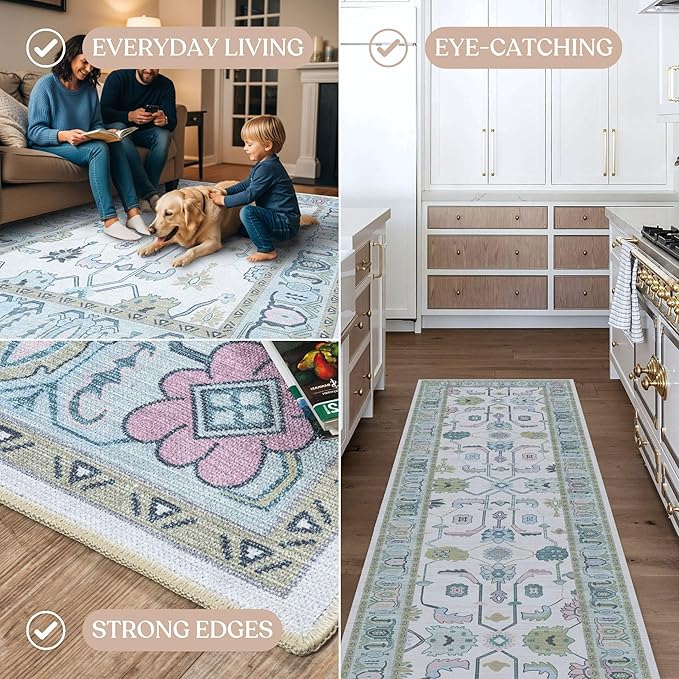 Fame Living Cream Green Oushak Rug, Modern Small Rugs, Vintage, Turkish, Eclectic, Floral, Pastel, Washable, Door Mat, Doormat for Indoor Entrance, Entryway, Kitchen, Bathroom, Bedroom, Laundry, 2'x3'