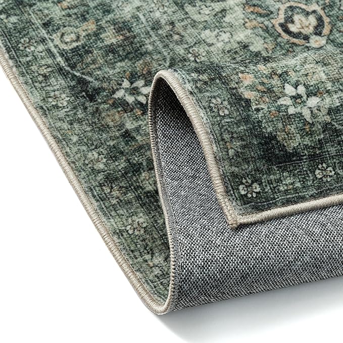 2x8 Washable Runner Rug for Kitchen Hallway Green Vintage Non-Slip Low Pile Distressed Rustic Carpet Lightweight Vacuumable Soft Long Throw Rug for Entryway Bedroom