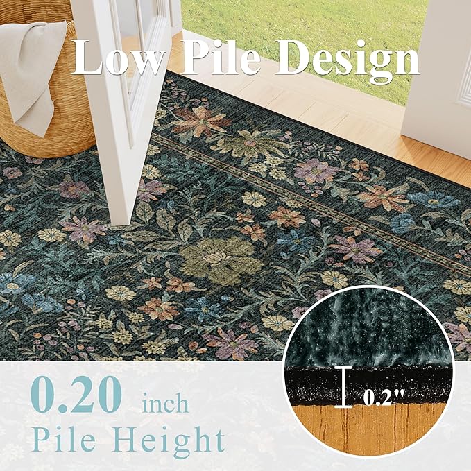DUKINO 2.6x8 Runner Rug for Hallway, Washable Vintage Floral Kitchen Rug with Non Slip Backing, Soft Low Pile Throw Carpet Runner for Kitchen, Laundry, Hallway, Bathroom, Blue
