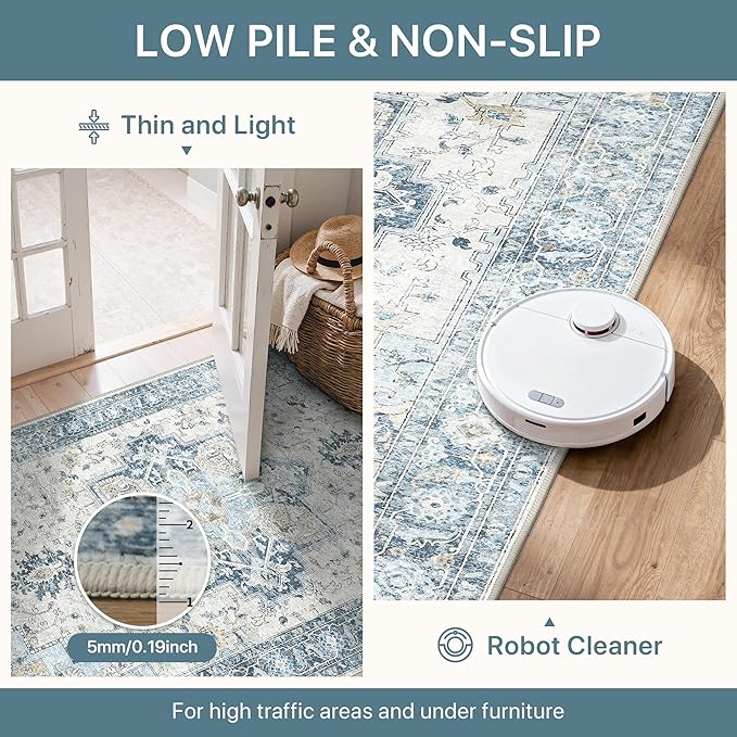 10x12 Area Rugs for Living Room, Machine Washable Rug, Non Slip Vintage Rugs, Low Pile Lightweight Print Rug for Bedroom, Dining Room, Home Office, Blue
