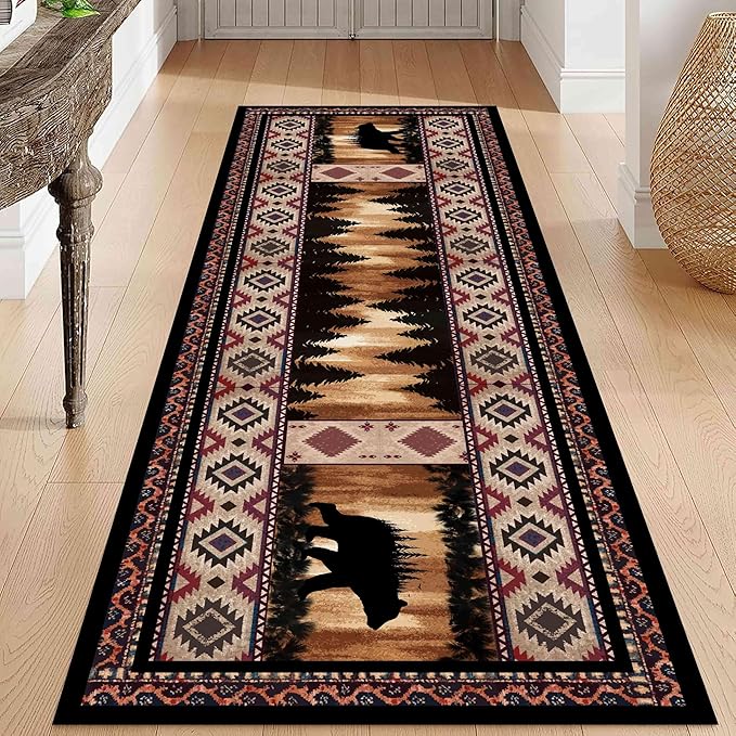 Rustic Cabin Bear Runner Rug, 3.3x7ft, Native American Long Runner Rug, Wildlife Black Bear Forest Hallway Rug, Vintage Brown Non-Slip Washable Southwestern Style Rug for Entry Kitchen