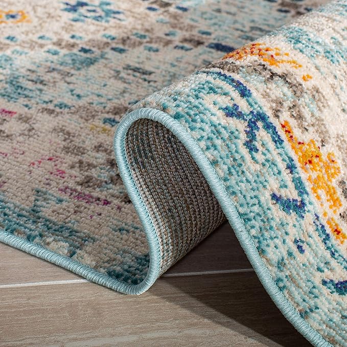 SAFAVIEH Madison Collection Area Rug - 9' x 12', Blue & Yellow, Boho Diamond Distressed Design, Non-Shedding & Easy Care, Ideal for High Traffic Areas in Living Room, Bedroom (MAD418K)
