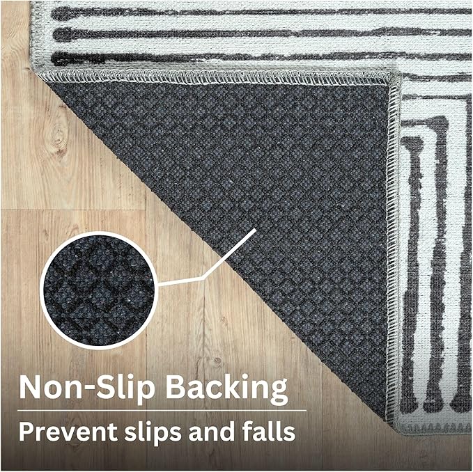Bloom Rugs Washable Non-Slip 12 ft Runner - Black/Ivory Striped Runner for Entryway, Hallway, Bathroom, and Kitchen - Exact Size: 2.5' x 12'