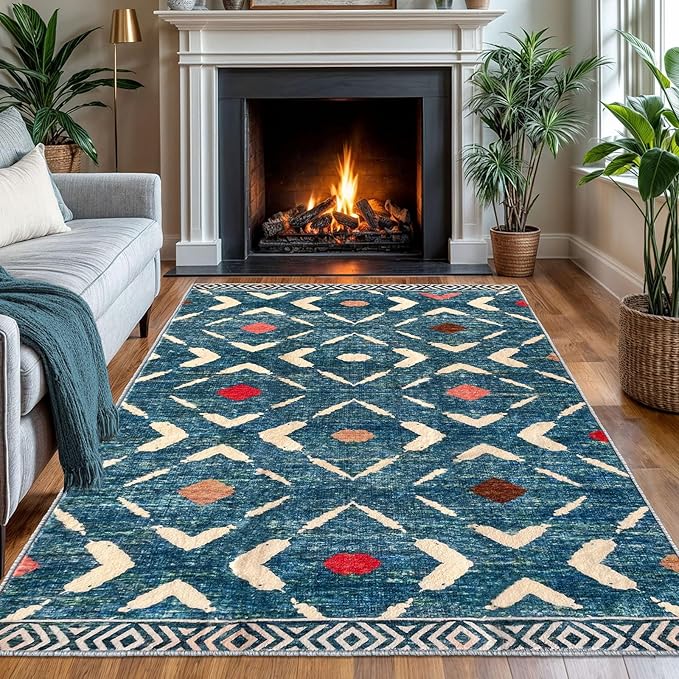KILOCOCO Area Rug 4'x6' Entryway Rug Washable Bedroom Rug Non Slip Printed Boho Rubber Backed Low-Pile Soft Rugs for Kitchen Living Room Dining Geometric Moroccan Carpet, Teal/Blue