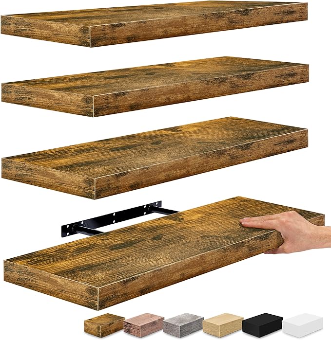 Sorbus Floating Shelves for Wall - 24" Bathroom Shelves, Wall Decor for Bedroom, Kitchen, Living Room, Home Decor & Book storage - Mounted Floating Shelf with Invisible Brackets (Rustic Brown, 4 Pack)