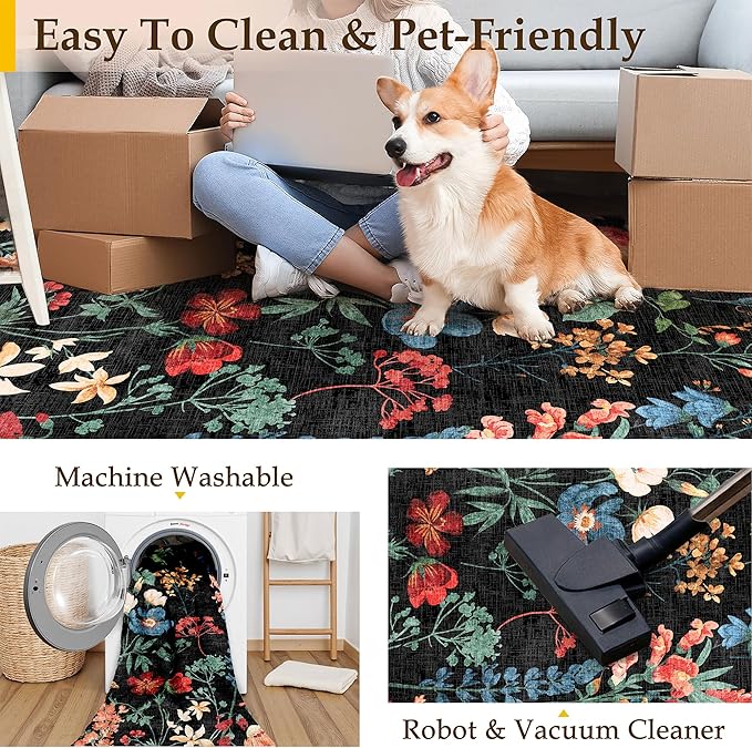 Floral Runner Rug 3x12 Washable Hallway Long Black Bedroom Carpet Non Slip Indoor Boho Kitchen Low Pile Accent Rug Lightweight Soft for Bathroom Dining Laundry Living Room