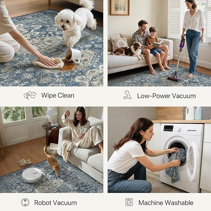 Bavni Washable Entry Rug 2x3, Non Slip Door Mat for Entryway or Kitchen, Vintage Print Low Pile Ultra Thin Indoor Rug, Blue