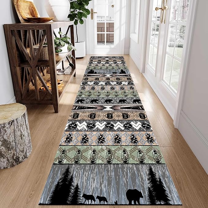 Bear Rug for Runner Rug, 2.6x7ft, Rustic Black Bear Wood Saw Compass Pine Oil Lamp Pattern Long Runner Rug, Camping Theme Multi-Color Stitching Non-Slip Floor Carpet, Cabin Style Home Decoration