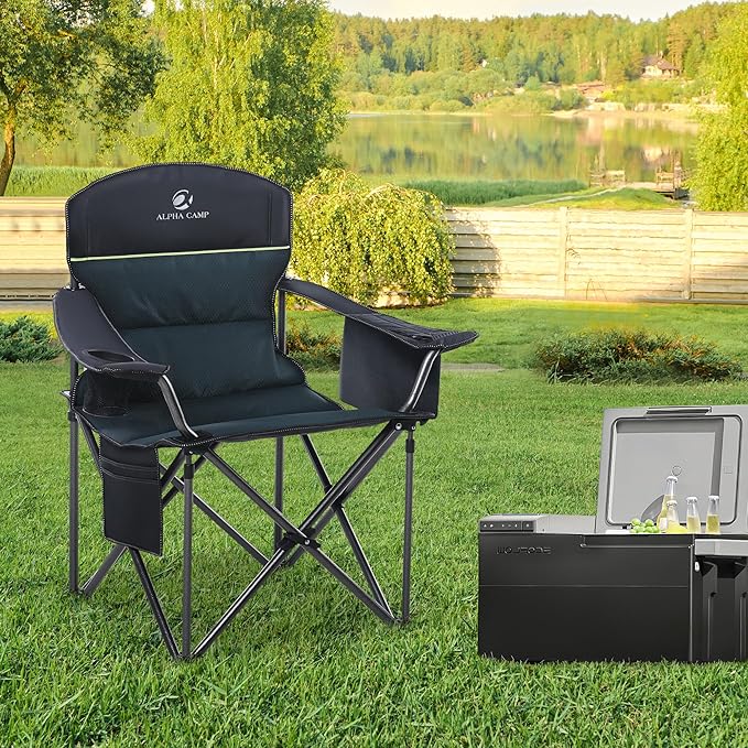 LET'S CAMP Oversized Folding Camping Chair Portable Outdoor Heavy Duty Padded Chairs Lawn Chair with Cup Holder, Storage Pocket and Cooler Bag, Supports 450LBS, for Camp, Travel, Picnic (Green)
