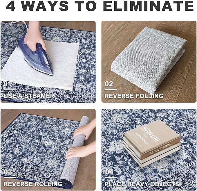 KILOCOCO Area Rug 5x7 Living Room Rug Washable Printed Vintage Floral Non Slip Soft Rubber Backed Indoor Bedroom Rugs for Laundry Room Kitchen Playroom Moroccan Area Rugs, Blue