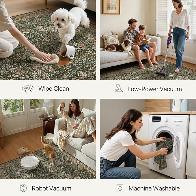 Bavni Washable Rug Runners for Hallways-Vintage Runner Rug 2'6''x10 Low Pile Floral Rugs, Non-Slip Indoor Throw Carpet for Living Room Bedroom Kitchen, Dark Green/Multi