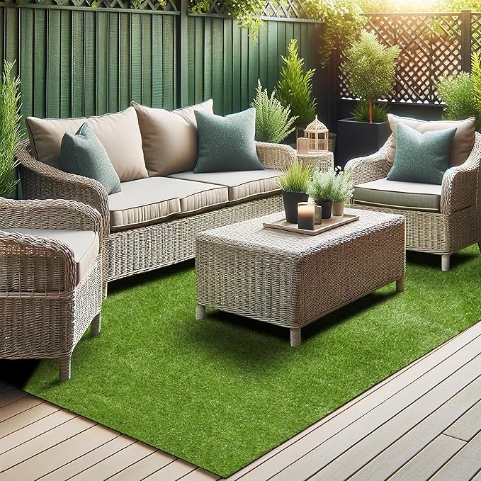 Ottomanson 6'6" x 7' Artificial Faux Grass Rug - Realistic Turf with UV Protection - Perforated for Easy Drainage - Durable, Hose-Off Synthetic Lawn Carpet for Indoor & Outdoor Use, Green