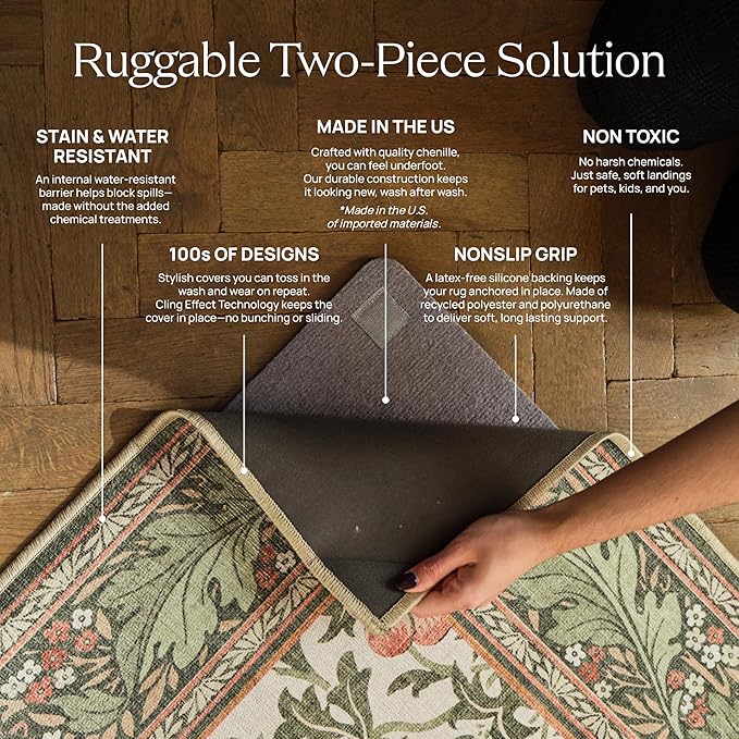 RUGGABLE Washable Vintage Runner Rug – Verena Sapphire 2.5x7, Stain-Resistant, Non-Slip Hallway Runner – Machine Washable Rug for Hallway, Entryway, Living Room & Kitchen–with Standard Pad