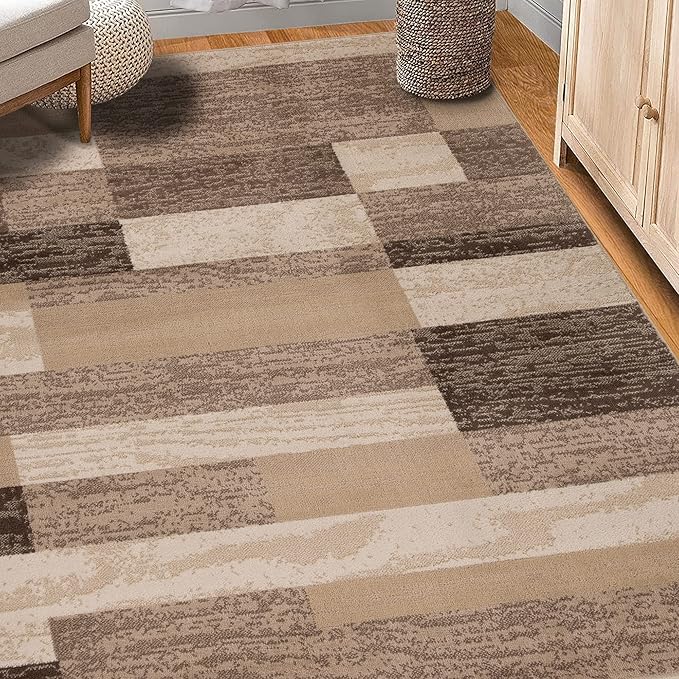 Superior Indoor Area Rug, Jute Backing, Plush Modern Rugs for Entryway, Kitchen Floors, Office Floor Cover, Color Block Rugs, Rockwood Collection, 7' x 9', Beige