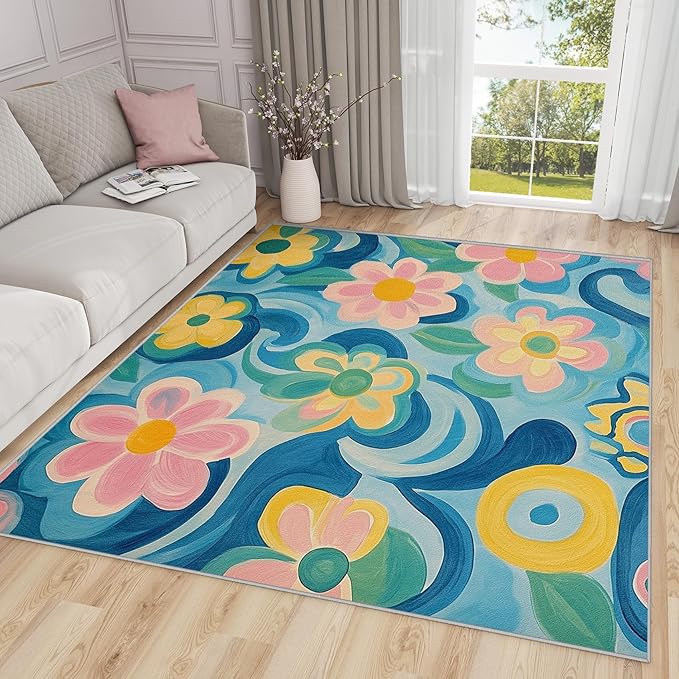 4x6 Rug Washable - Floral Rug for Bedroom, Modern Artistic Flower Non Slip Low Pile Area Rugs for Living Room Laundry, Floral Carpet Room Decor & Gifts