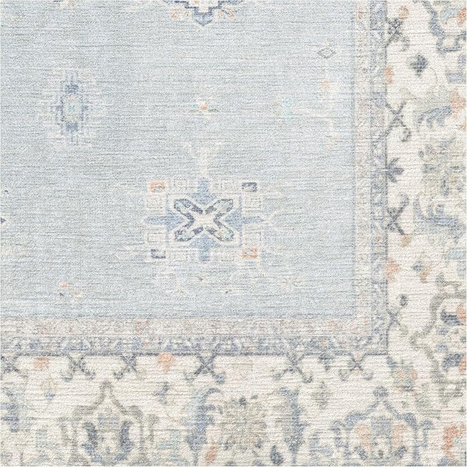 RUGGABLE Washable Vintage Area Rug – Verena Soft Blue 6 ft Round, Stain-Resistant, Non-Slip – Medium Machine Washable Rugs for Living Room, Bedroom, Hallway, Entryway & Office–with Standard Pad