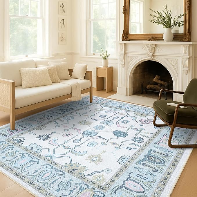 Cream Green Oushak Rug, Modern, Vintage, Turkish, Eclectic, Floral, Pastel, Washable, Oversized, Extra Large Area Rugs for Living Room, Dining, Bedroom, Lounge 9'5"x14'