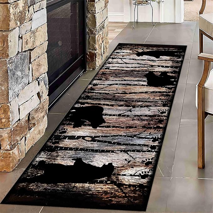 Wildlife Bear Runner Rug, 3.3x7ft, Vintage Wood Grain Wild Animal Black Bear Corridor Carpet, Non-Slip Washable Long Runner Rug for Farmhouse, American Country Wood Floor Entrance Rug Door Mat